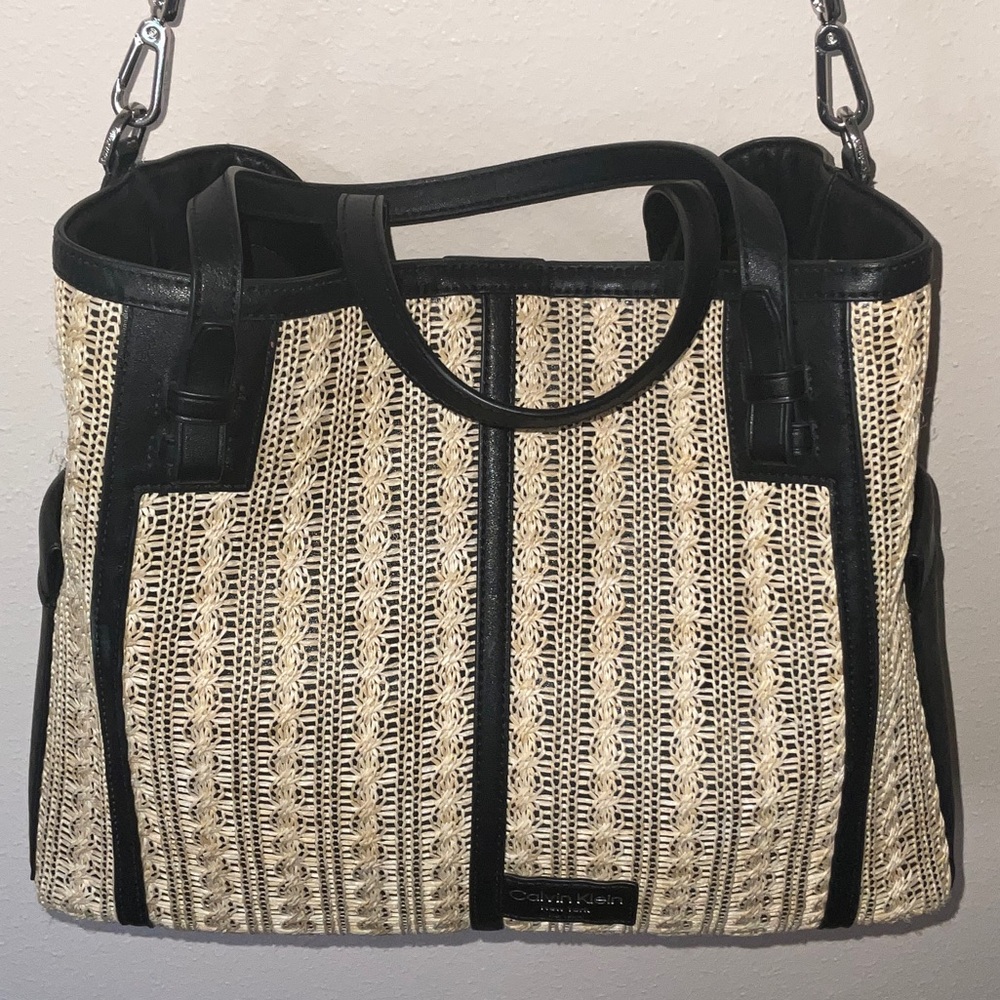 Calvin Klein Black Trim Woven Straw Tote - Picture 3 of 10